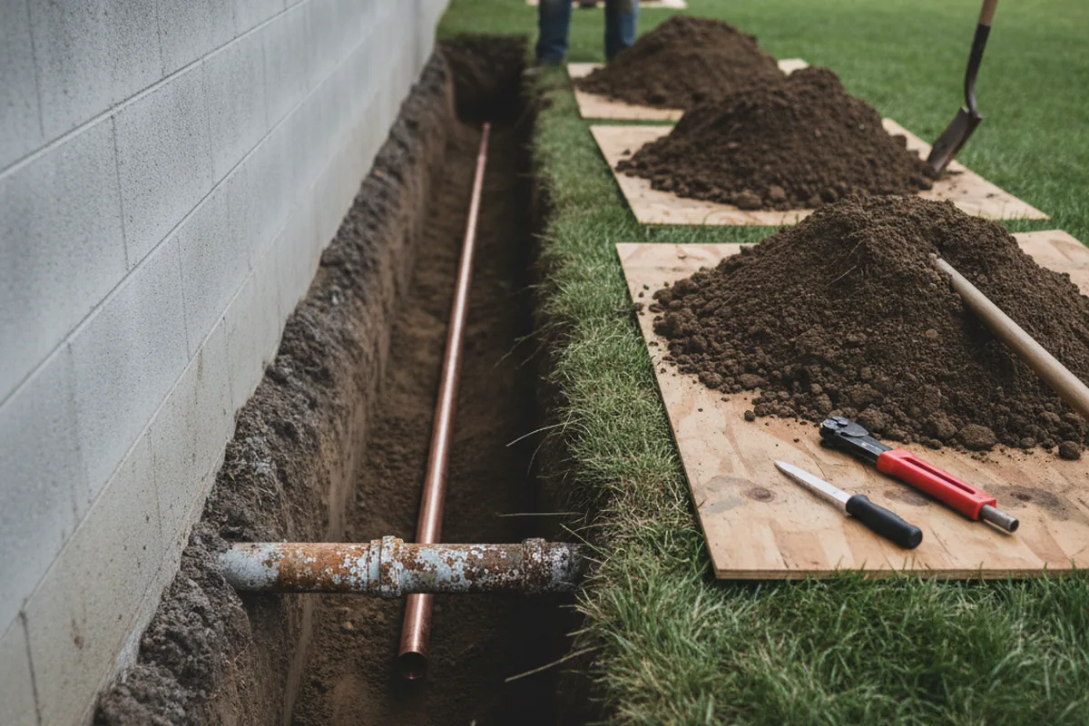 Excavated water line trench during Water Softener Installation in Ingleside